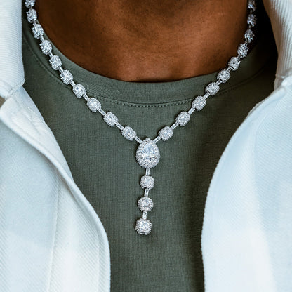 Diamond Oval Clustered Tennis Chain + Diamond Cushion Cut Lariat Chain Bundle in White Gold
