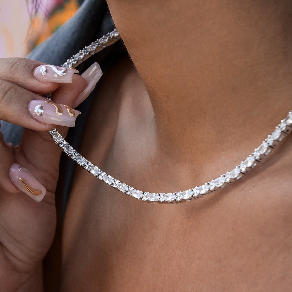 Diamond Mixed Oval Cut Tennis Necklace in White Gold- 3mm