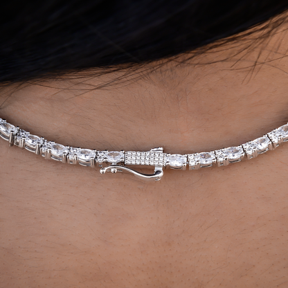 Diamond Mixed Oval Cut Tennis Necklace in White Gold- 3mm