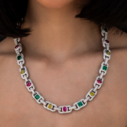 Diamond Multicolor Cluster Mariner Necklace in White Gold
