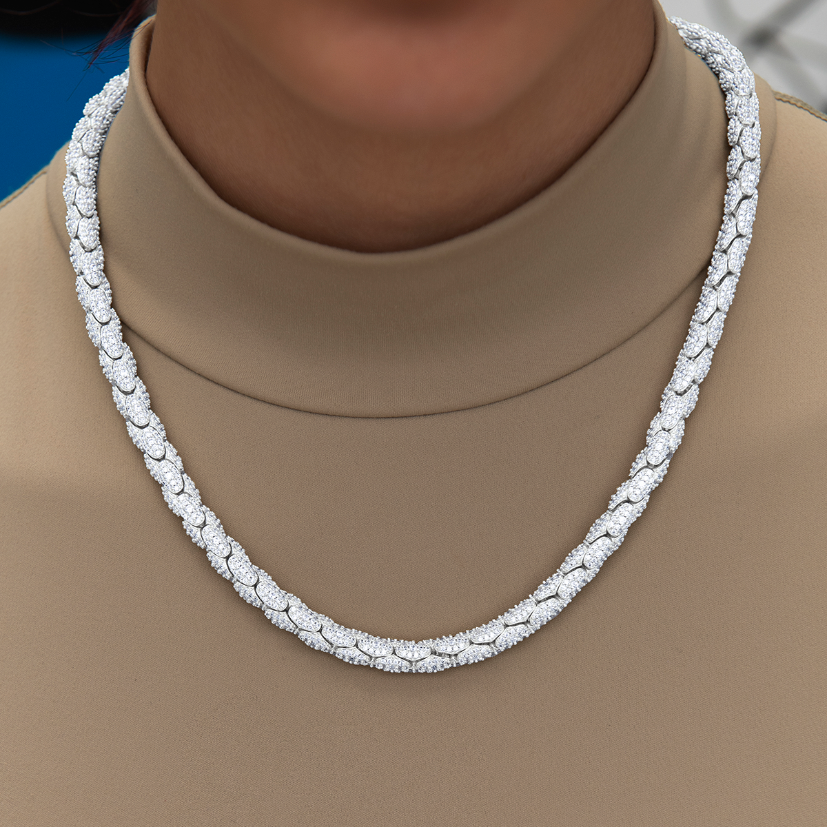 Diamond Pave Snake Link Necklace in White Gold-6mm