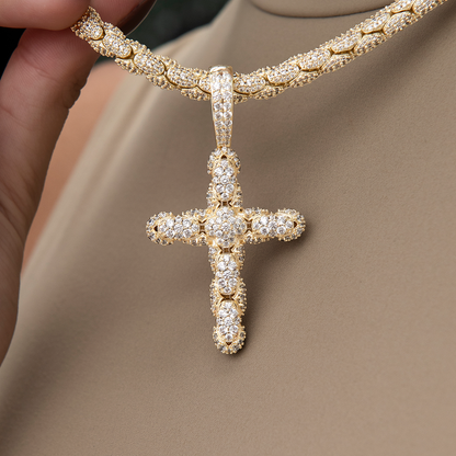 Diamond Pave Snake Link Cross Pendant in Yellow Gold