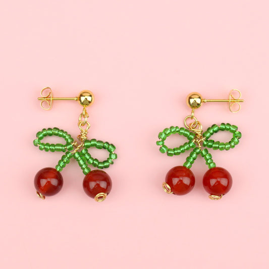 Beaded Cherry Bow Earrings