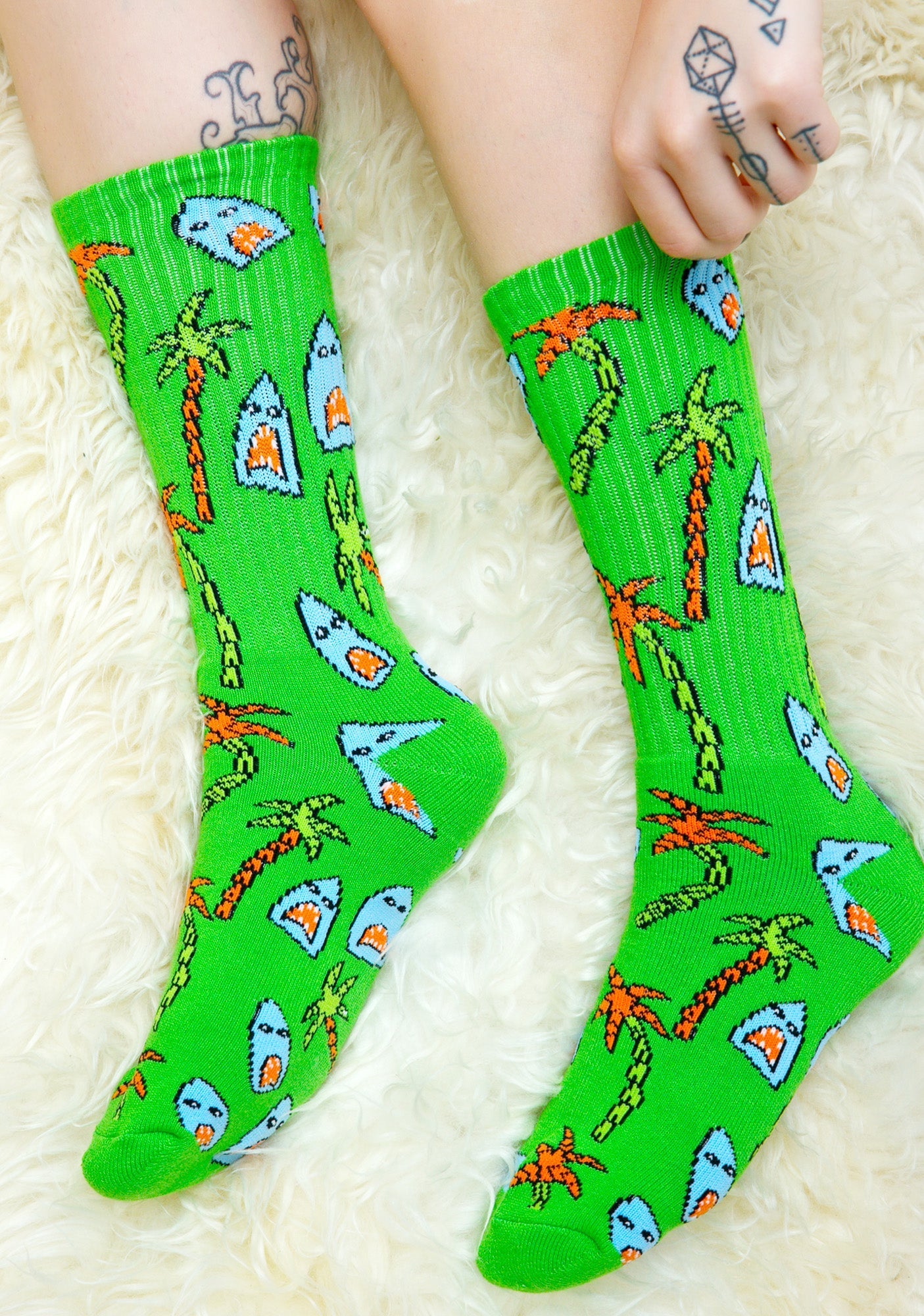 Anne Freeman Shark Attack Crew Socks - White